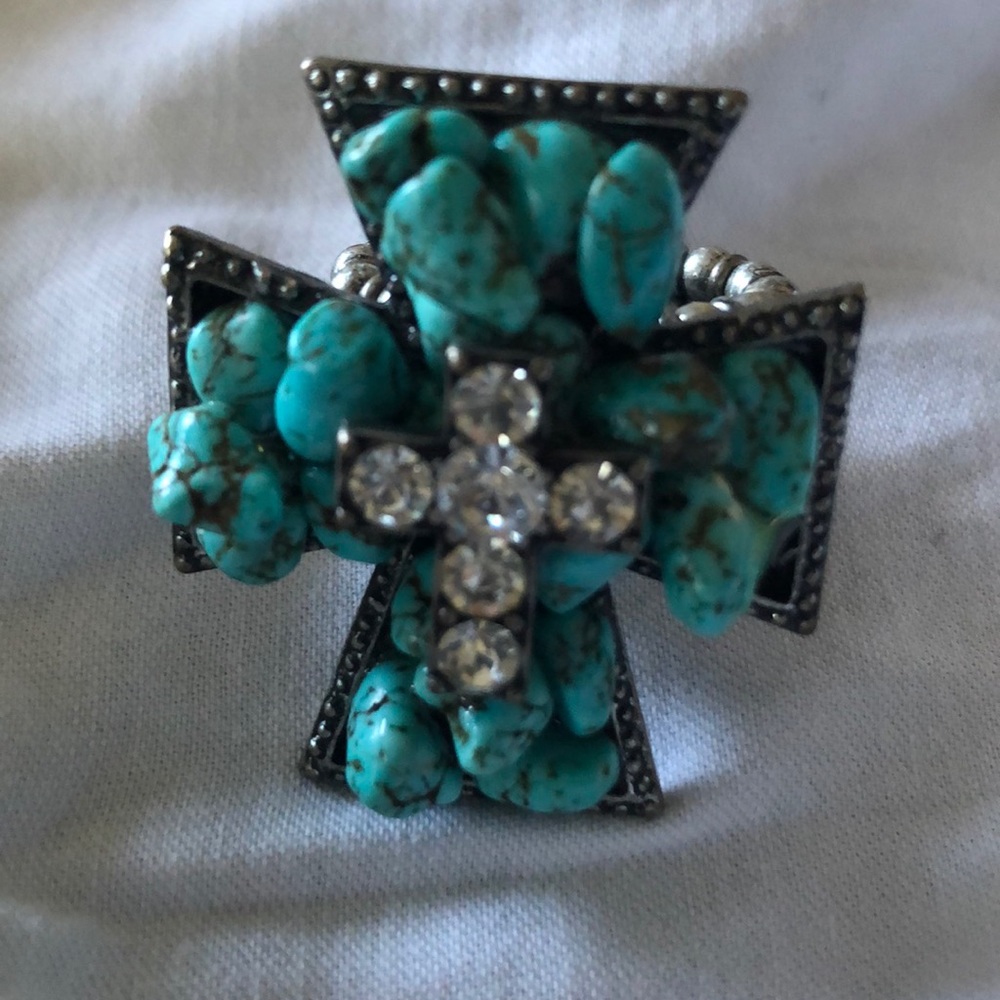 Turquoise and rhinestone cross ring
